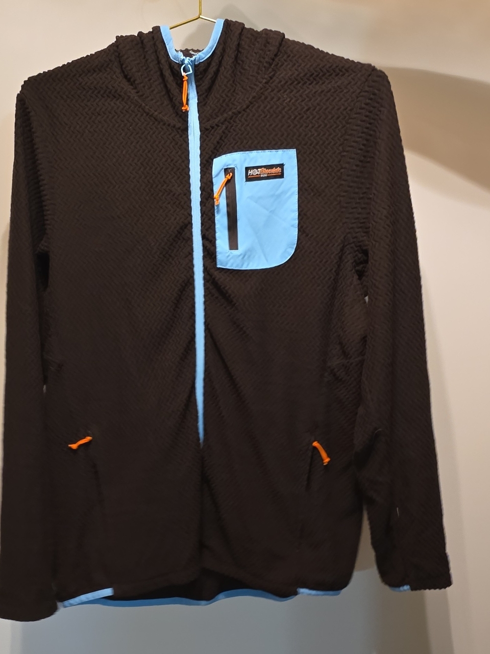 Chocolate Black Hooded Puffer Jacket with Light Blue Trim